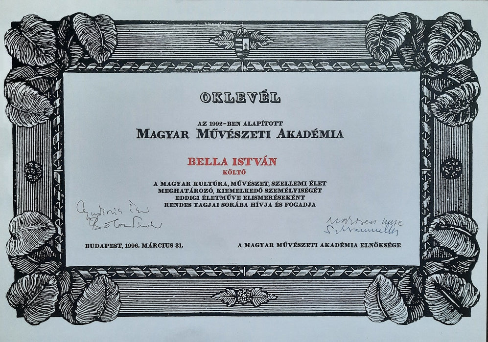 A Magyar Művészeti Akadémia oklevele Bella István költő (1940-2006) számára