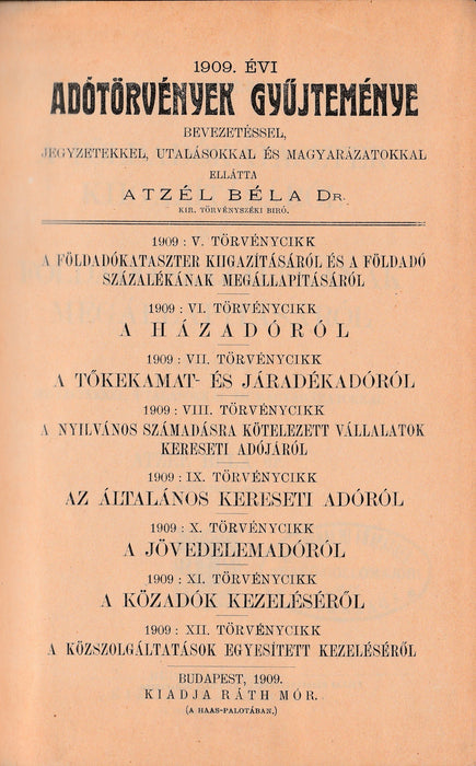 1909. évi adótörvények gyűjteménye - Oskola Antikvárium