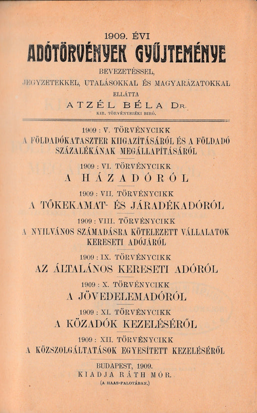 1909. évi adótörvények gyűjteménye - Oskola Antikvárium