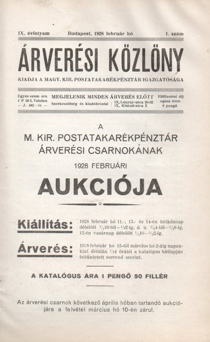 Árverési közlöny 1928 IX. évfolyam 1. szám