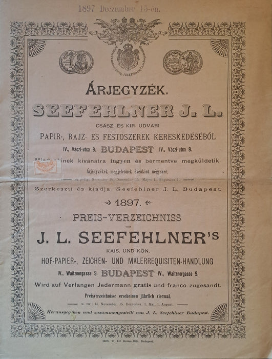 Árjegyzék - Preis-Verzeichniss - Seefehlner J. L. papír-, rajz- és festőszerek kereskedéséből