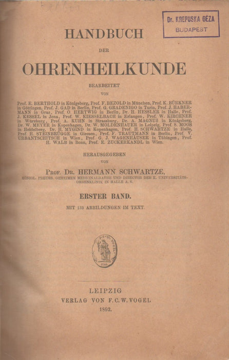 Handbuch der Ohrenheilkunde I.