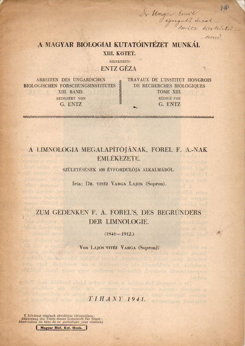 A limnologia megalapítójának, Forel F. A.-nak emlékezete