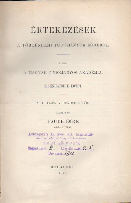 A magyar Anjouk eredete - A megye és a várispánság - Régi magyar birtokviszonyok - Oklevelek II. István korából - Taine Hippolyt mint történetíró - Újabb tanulmányok a rézkorról - Ugocsa vármegye keletkezése - A jobbágy-adózás 1577-97-ben