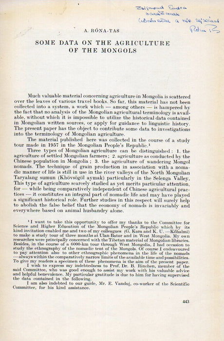 Some Data to the Agriculture of the Mongols