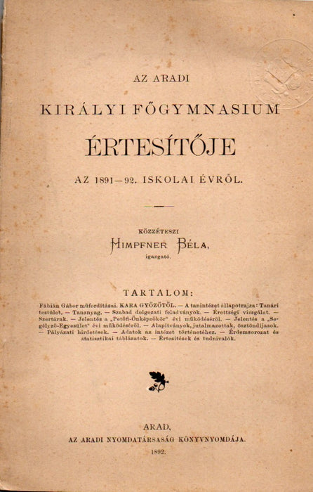 Az aradi királyi főgymnasium értesítője az 1891-92. iskolai évről