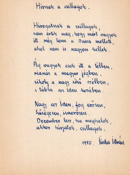 Hívnak a csillagok - Sinka István eredeti kézzel írt verse 1950-ből