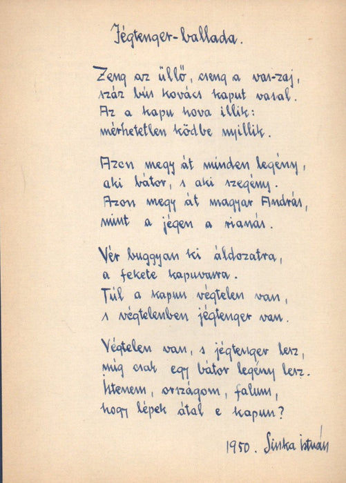 Jégtenger-ballada - Sinka István eredeti kézzel írt verse 1950-ből
