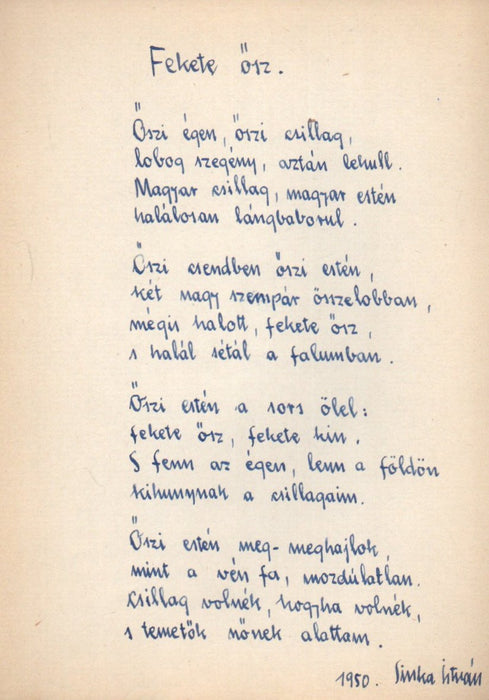 Fekete ősz - Sinka István eredeti kézzel írt verse 1950-ből