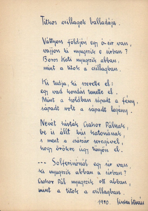 Titkos csillagok balladája - Sinka István eredeti kézzel írt verse 1950-ből