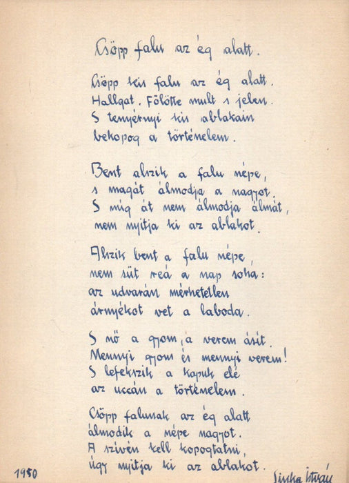 Csöpp falu az ég alatt - Sinka István eredeti kézzel írt verse 1950-ből