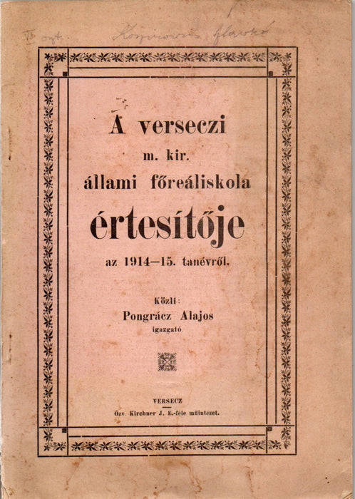 A verseczi m. kir. állami főreáliskola értesítője az 1914-15. tanévről