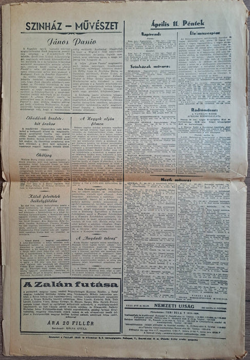 Nemzeti Ujság XVIII. évf. 83. szám 1941. április 11.