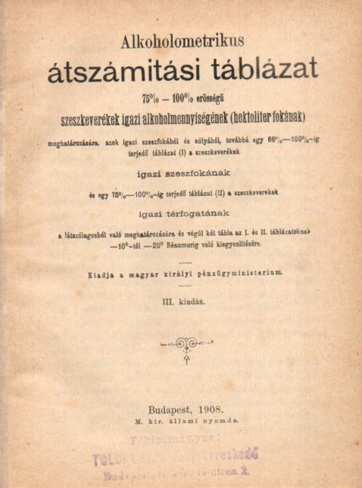 Alkoholometrikus átszámítási táblázat