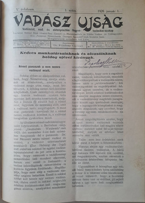 Vadász Ujság IV-V. évfolyam 1925-1926 - Marosvásárhely