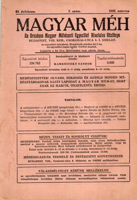 Magyar Méh vegyes számai 1937-1944
