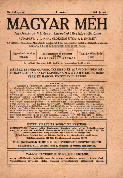 Magyar Méh vegyes számai 1937-1944