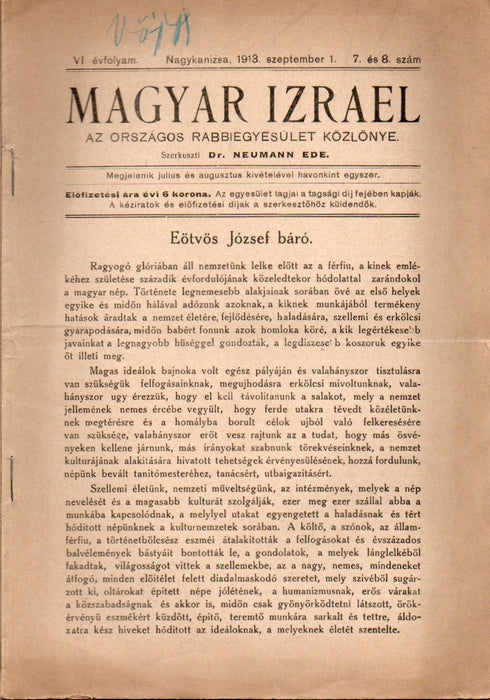 Magyar Izrael VI. évfolyam 7-8. szám 1913. Nagykanizsa