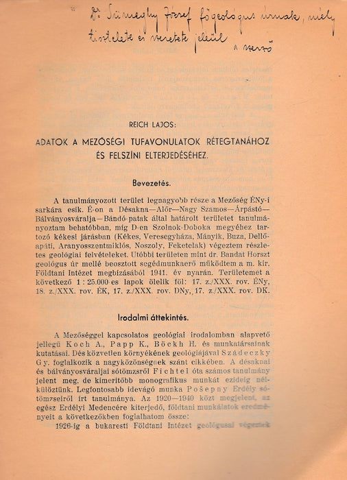 Adatok a mezőségi tufavonulatok rétegtanához és felszíni elterjedéséhez