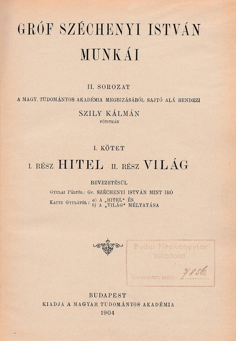 Gróf Széchenyi István munkái I. - Hitel I-II.