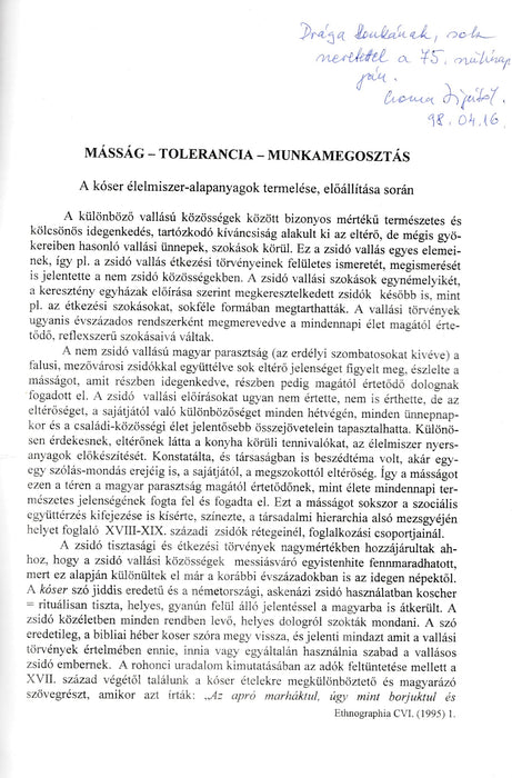 Ethnographia - Különlenyomat - Másság-tolerancia-munkamegosztás