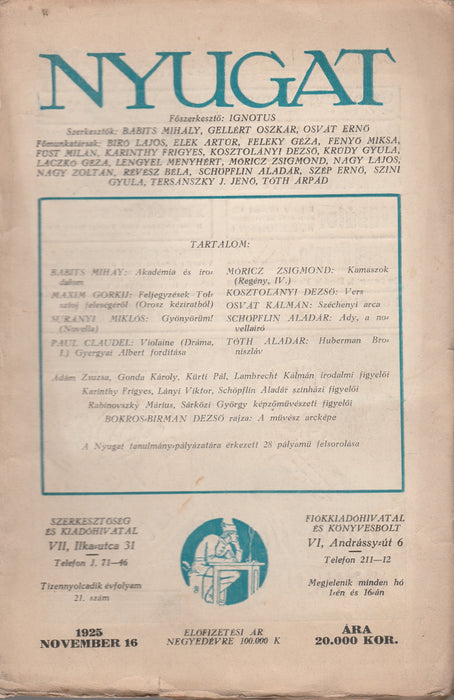 Nyugat 1925. XVIII. évfolyam 21. szám