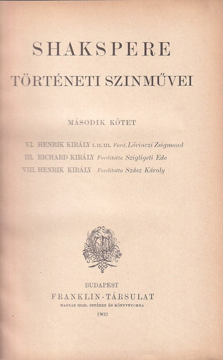 Shakspere történeti szinművei II.
