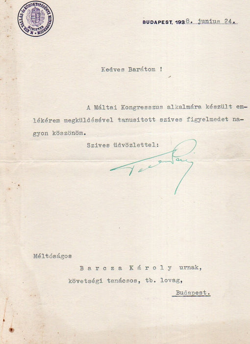 Levél Teleki Pál (1879-1941) eredeti aláírásával