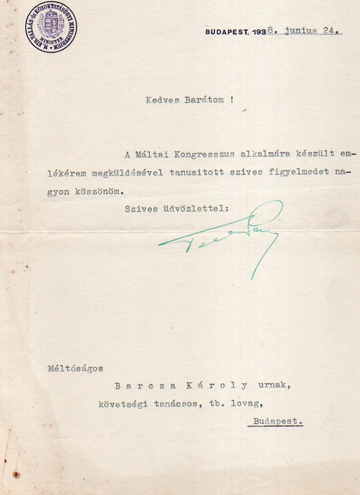 Levél Teleki Pál (1879-1941) eredeti aláírásával
