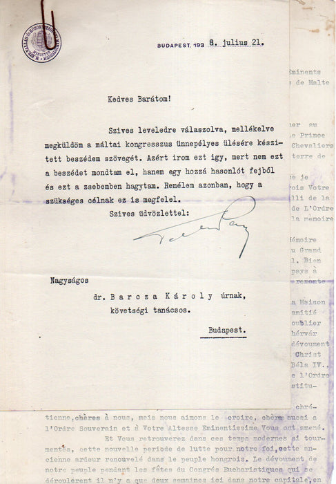 Levél beszéddel Teleki Pál (1879-1941) eredeti aláírásával 1938-ból