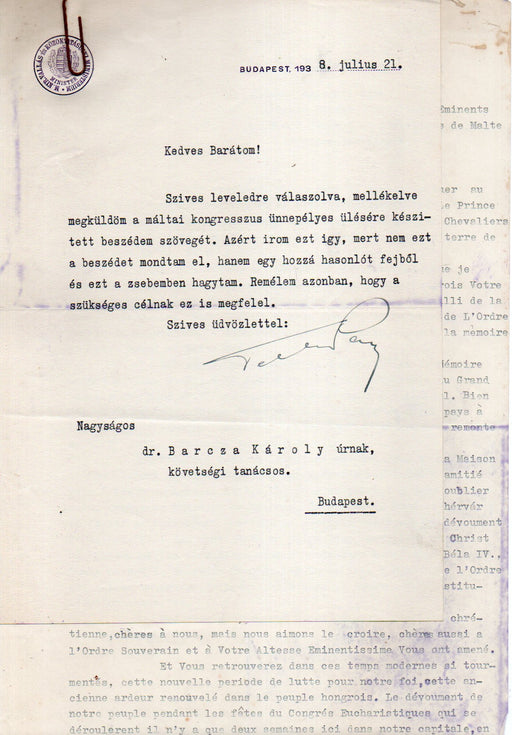 Levél beszéddel Teleki Pál (1879-1941) eredeti aláírásával 1938-ból