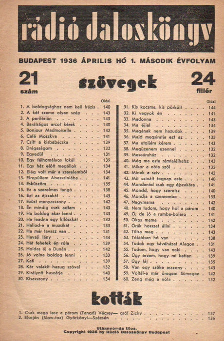 Rádió Daloskönyv 1936-1939