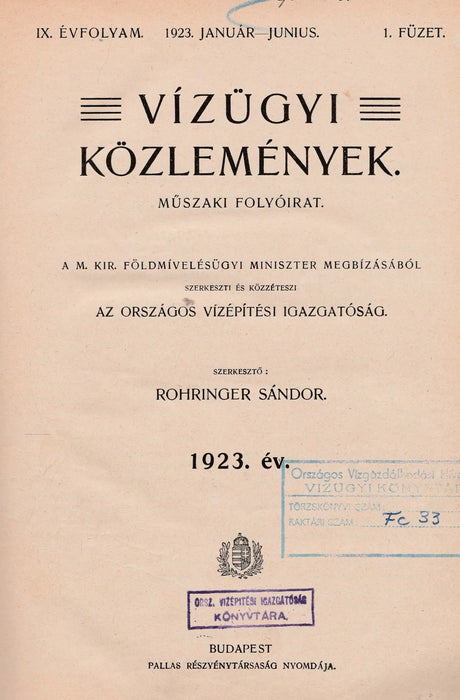 Vízügyi közlemények 1923. IX. évfolyam január-február