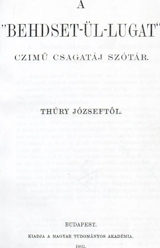 A "Behdset - ül - luget" czimű csagatáj szótár - Oskola Antikvárium