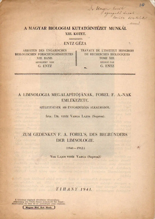 A limnologia megalapítójának, Forel F. A. - nak emlékezete - Oskola Antikvárium
