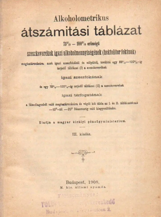 Alkoholometrikus átszámítási táblázat - Oskola Antikvárium