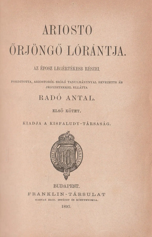 Ariosto őrjöngő Lórántja I - II. - Oskola Antikvárium