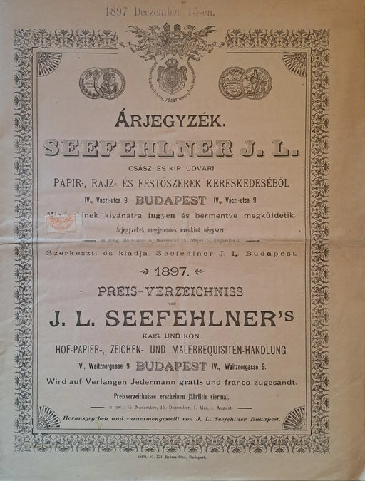 Árjegyzék - Preis - Verzeichniss - Seefehlner J. L. papír - , rajz - és festőszerek kereskedéséből - Oskola Antikvárium