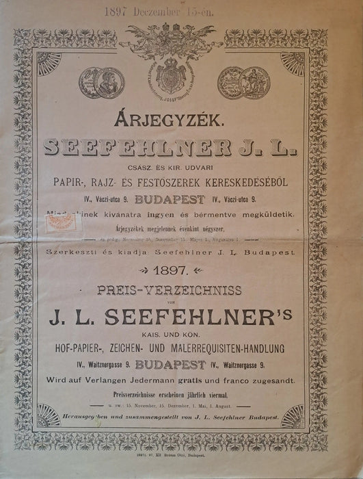 Árjegyzék - Preis - Verzeichniss - Seefehlner J. L. papír - , rajz - és festőszerek kereskedéséből - Oskola Antikvárium