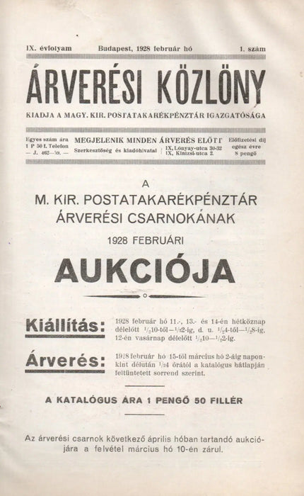Árverési közlöny 1928 IX. évfolyam 1. szám - Oskola Antikvárium