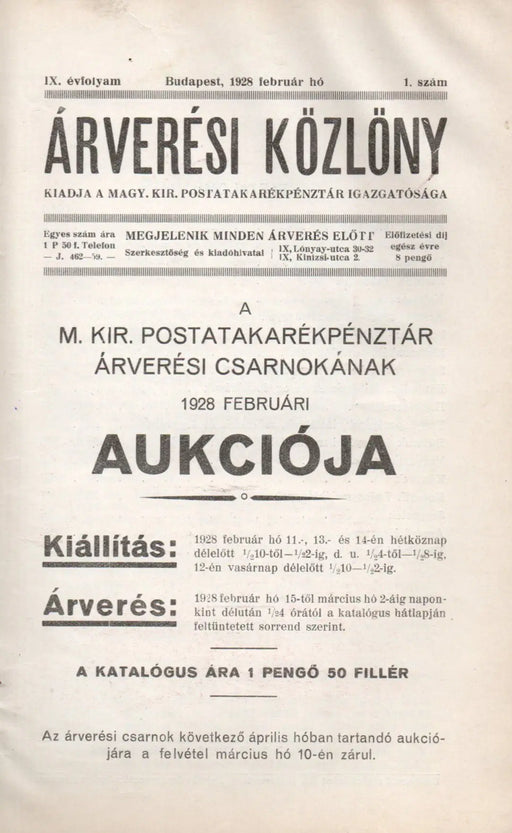 Árverési közlöny 1928 IX. évfolyam 1. szám - Oskola Antikvárium