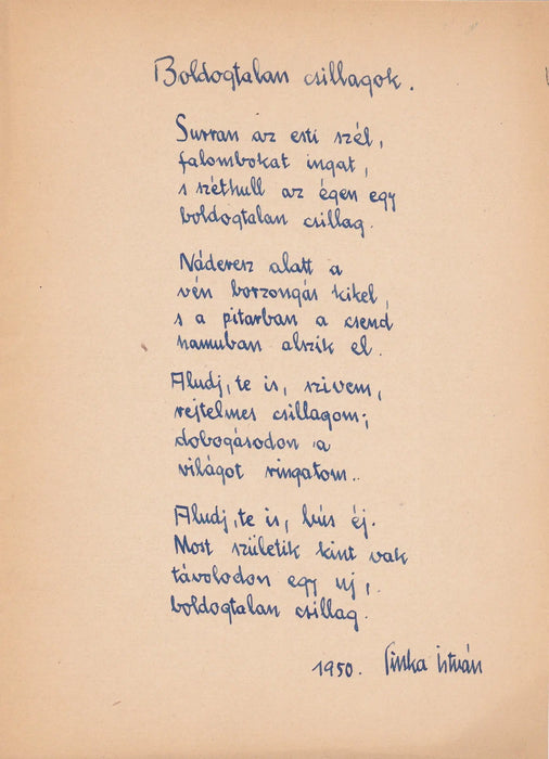 Boldogtalan csillagok - Sinka István eredeti kézzel írt verse 1950 - ből - Oskola Antikvárium