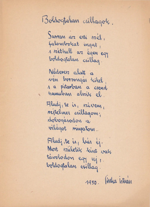 Boldogtalan csillagok - Sinka István eredeti kézzel írt verse 1950 - ből - Oskola Antikvárium