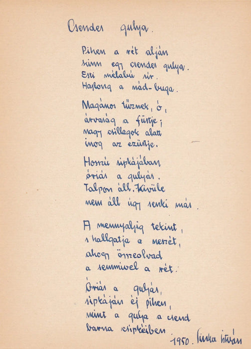 Csendes gulya - Sinka István eredeti kézzel írt verse 1950 - ből - Oskola Antikvárium