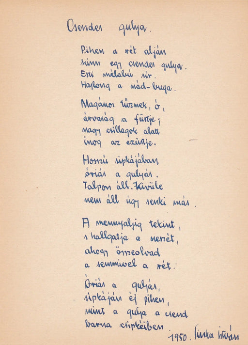 Csendes gulya - Sinka István eredeti kézzel írt verse 1950 - ből - Oskola Antikvárium