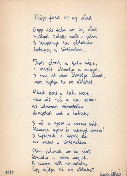 Csöpp falu az ég alatt - Sinka István eredeti kézzel írt verse 1950 - ből - Oskola Antikvárium