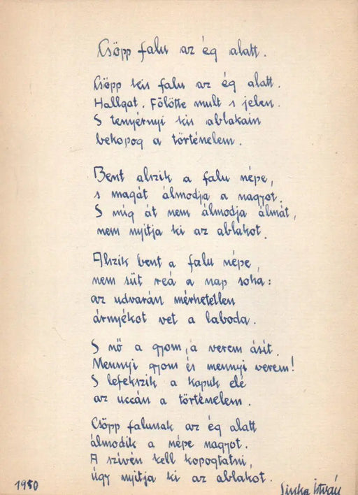 Csöpp falu az ég alatt - Sinka István eredeti kézzel írt verse 1950 - ből - Oskola Antikvárium