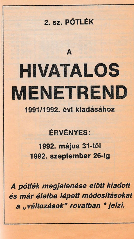 Délnyugati területi menetrend 1991 - 1992 - Oskola Antikvárium