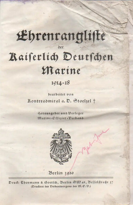 Ehrenrangliste der Kaiserlich Deutschen Marine 1914 - 18 - Oskola Antikvárium