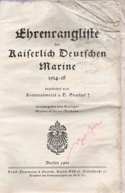 Ehrenrangliste der Kaiserlich Deutschen Marine 1914 - 18 - Oskola Antikvárium